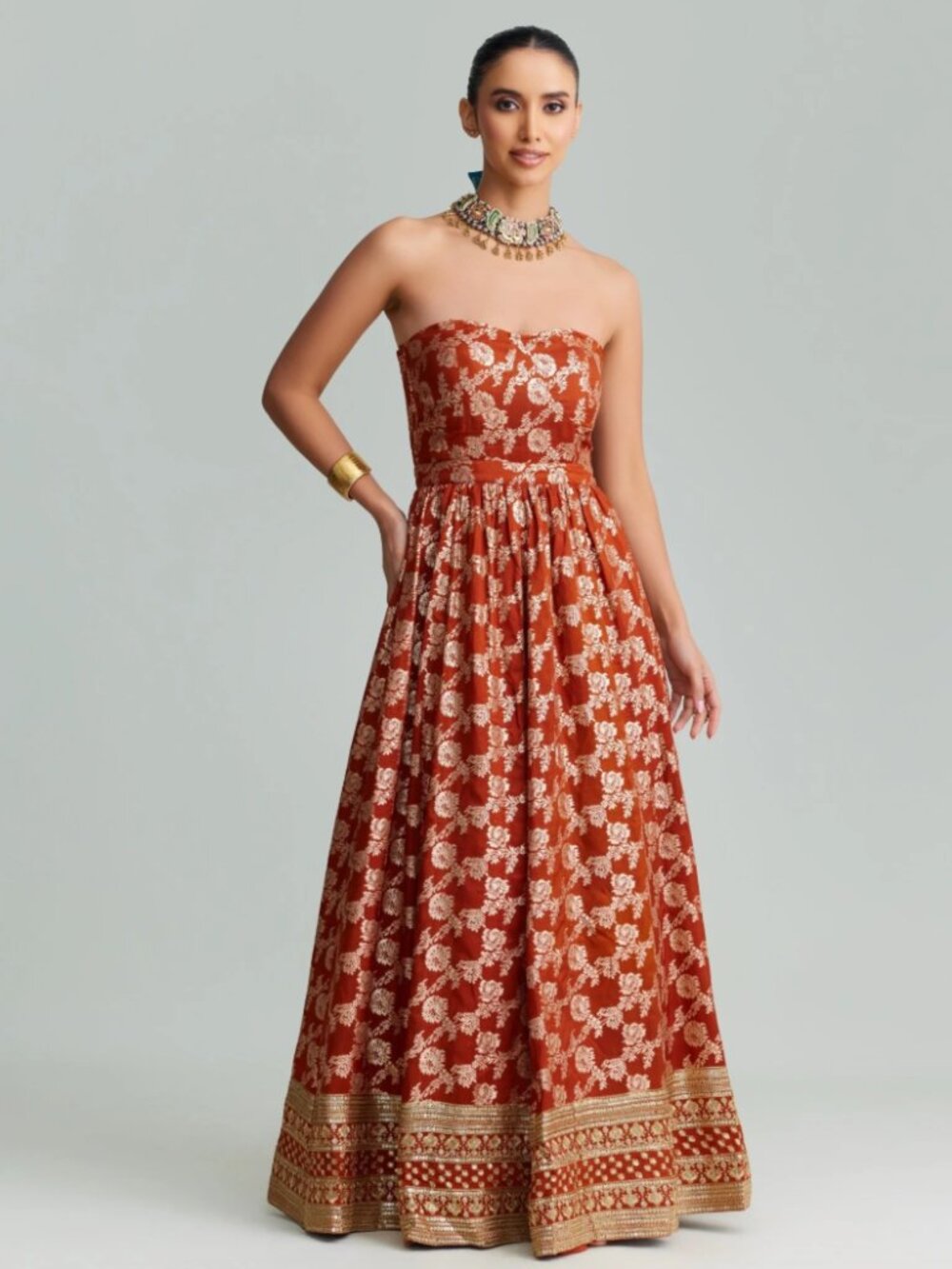 HoliCHIC by Megha Rao Amber Gown Rust Red Gold Floral Brocade Maxi Dress Size M